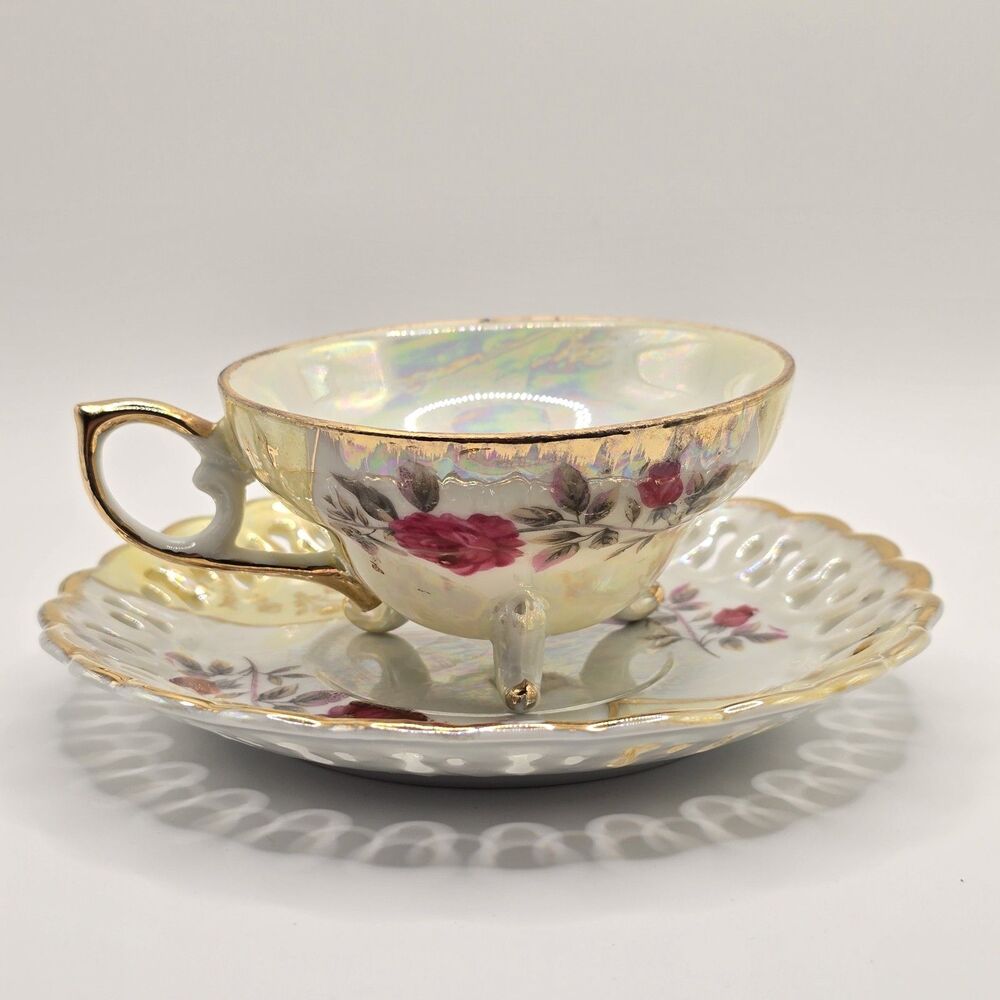 Vintage Tilso - Japan Coffee Cup & Saucer Set With Gold, Flowers, Cut Out Detail